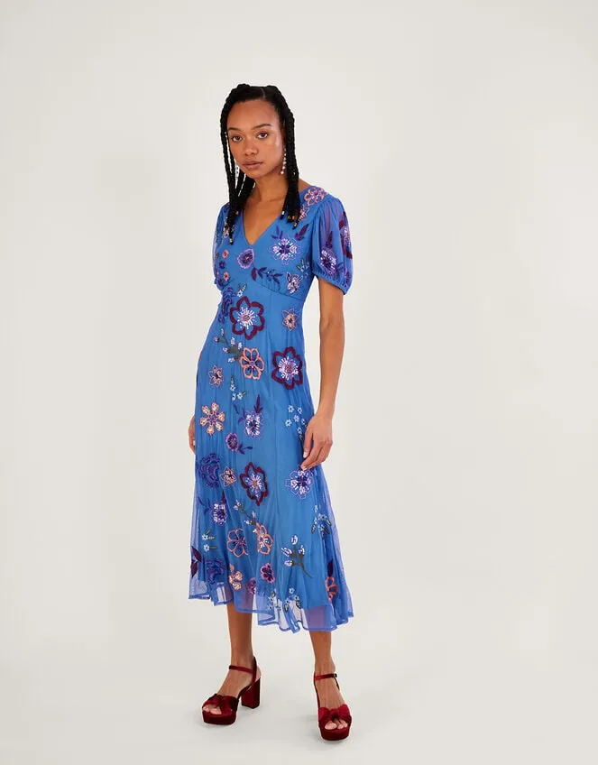 Women Annie Embroidered Midi Dress In Recycled Polyester Blue Monsoon Occasionwear