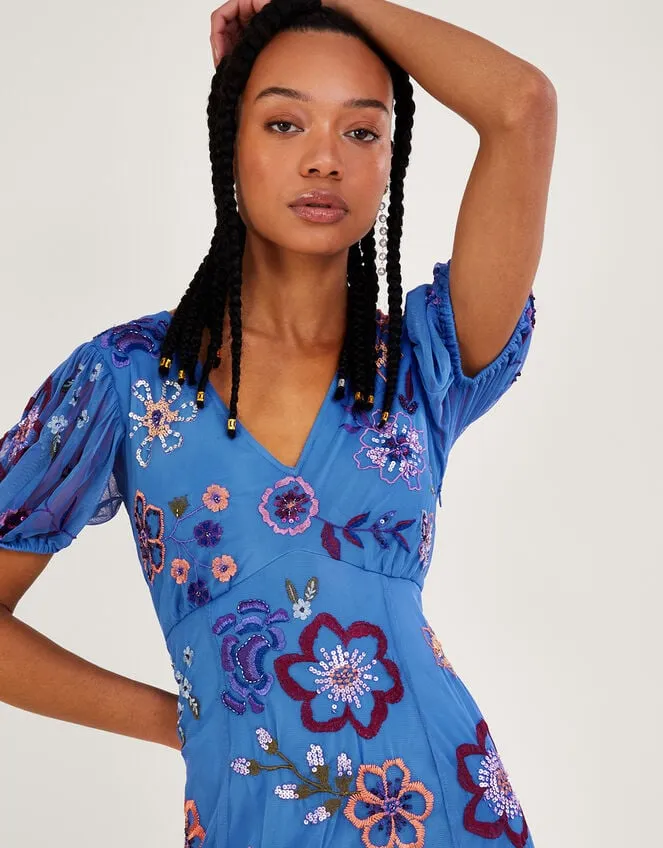 Women Annie Embroidered Midi Dress In Recycled Polyester Blue Monsoon Occasionwear