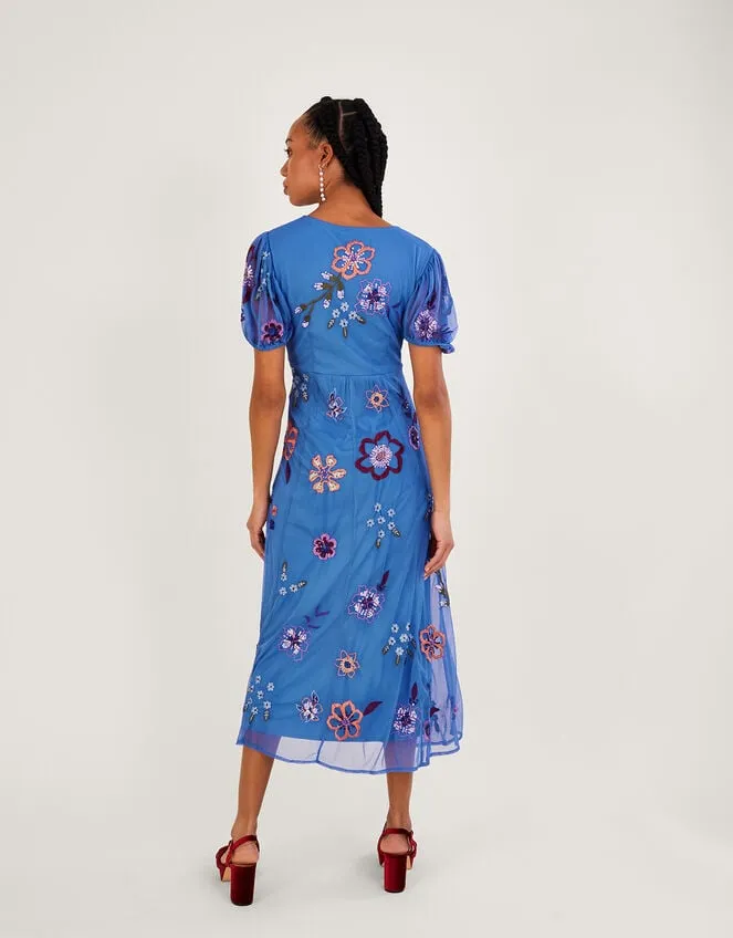 Women Annie Embroidered Midi Dress In Recycled Polyester Blue Monsoon Occasionwear