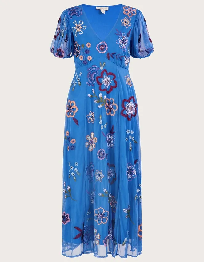 Women Annie Embroidered Midi Dress In Recycled Polyester Blue Monsoon Occasionwear