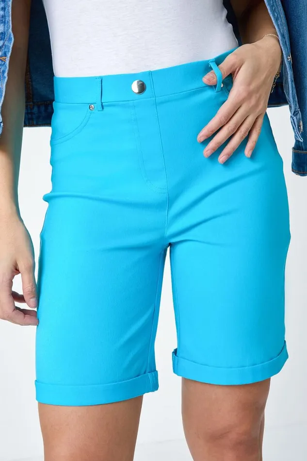 Women Aqua Elastic Waist Turn Up Stretch Shorts Roman Trousers