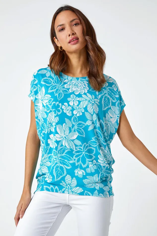 Women Aqua Textured Floral Print Top Roman Tops