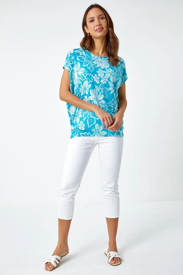 Women Aqua Textured Floral Print Top Roman Tops
