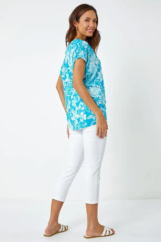 Women Aqua Textured Floral Print Top Roman Tops