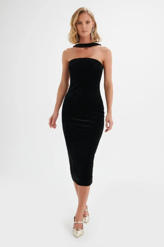Women Backless Dresses Lavish Alice AMBER High Neck Bandeau Velvet Midi Dress In Black Black