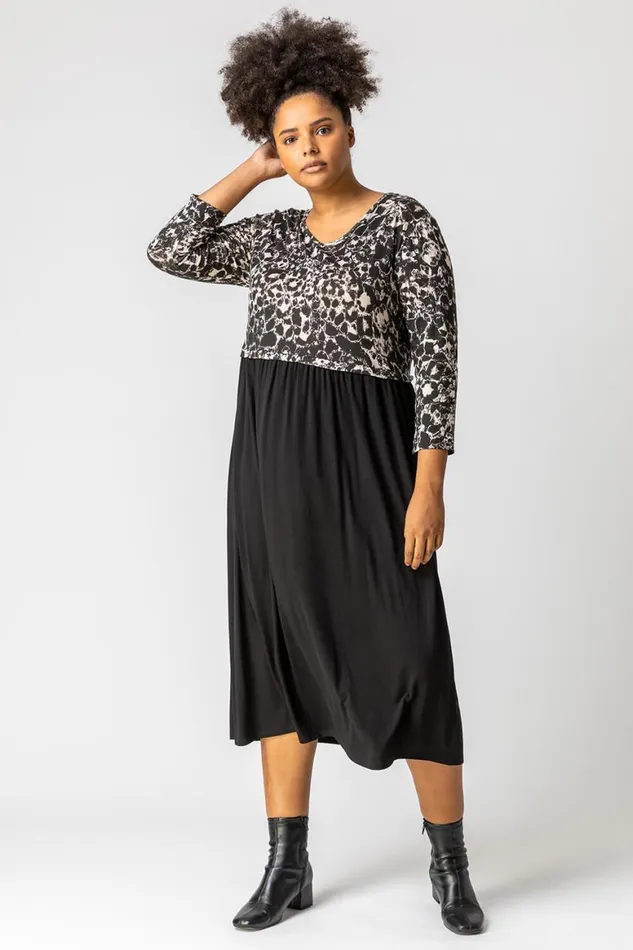 Women Beige Curve Animal Print Jersey Midi Dress Roman Dresses