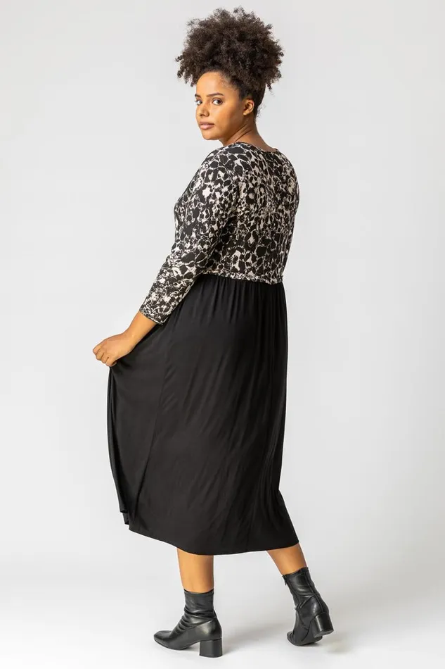 Women Beige Curve Animal Print Jersey Midi Dress Roman Dresses