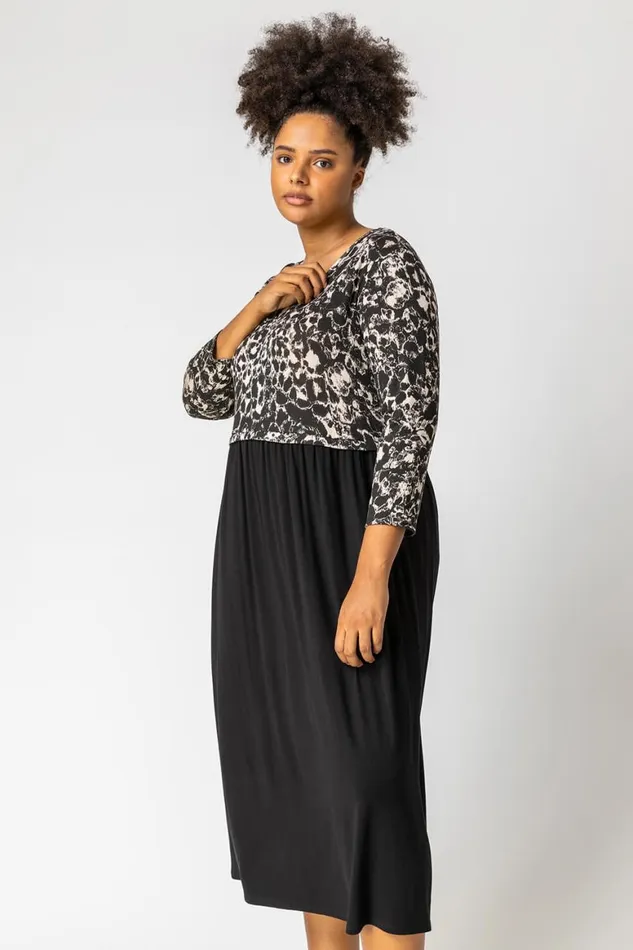 Women Beige Curve Animal Print Jersey Midi Dress Roman Dresses