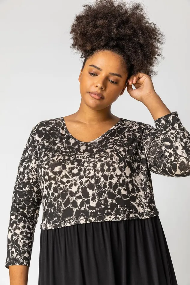 Women Beige Curve Animal Print Jersey Midi Dress Roman Dresses