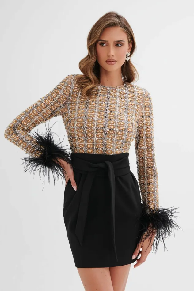 Women Belted Dresses Lavish Alice MEDINA Embellished Feather Cuff Mini Dress In Black Black