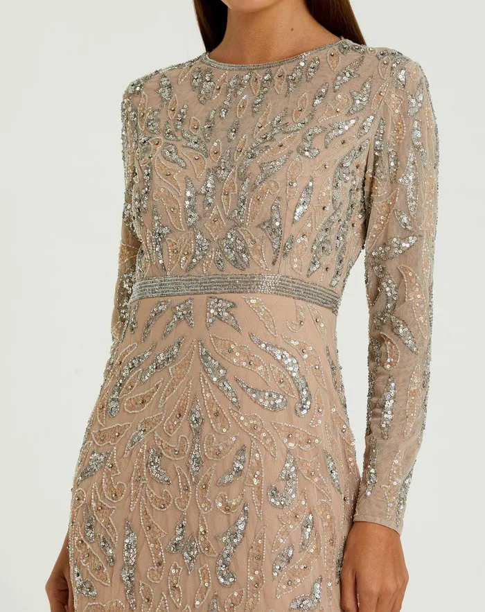 Women Best Sellers Mac Duggal Beige Beaded Long Sleeve Evening Gown Mocha