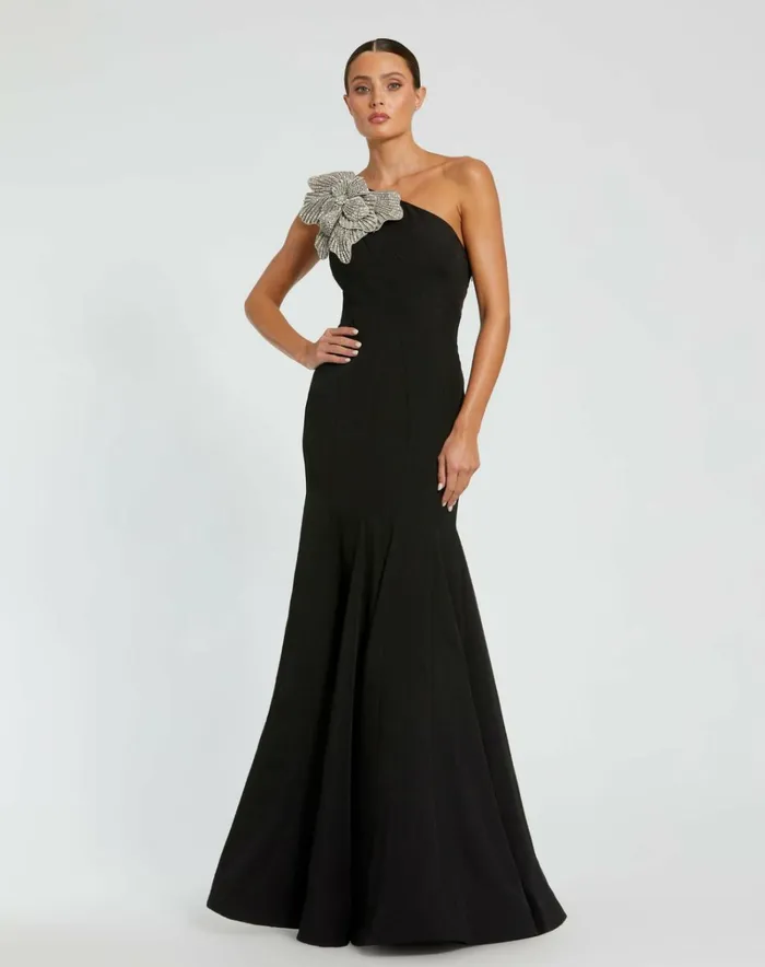 Women Best Sellers Mac Duggal Black Crepe One Shoulder Gown With Flower Black