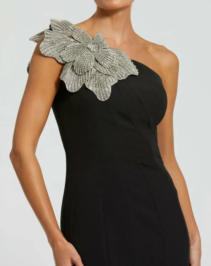 Women Best Sellers Mac Duggal Black Crepe One Shoulder Gown With Flower Black