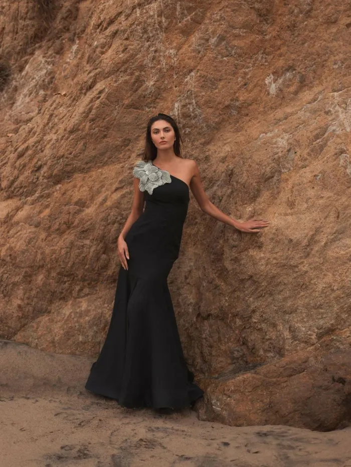 Women Best Sellers Mac Duggal Black Crepe One Shoulder Gown With Flower Black