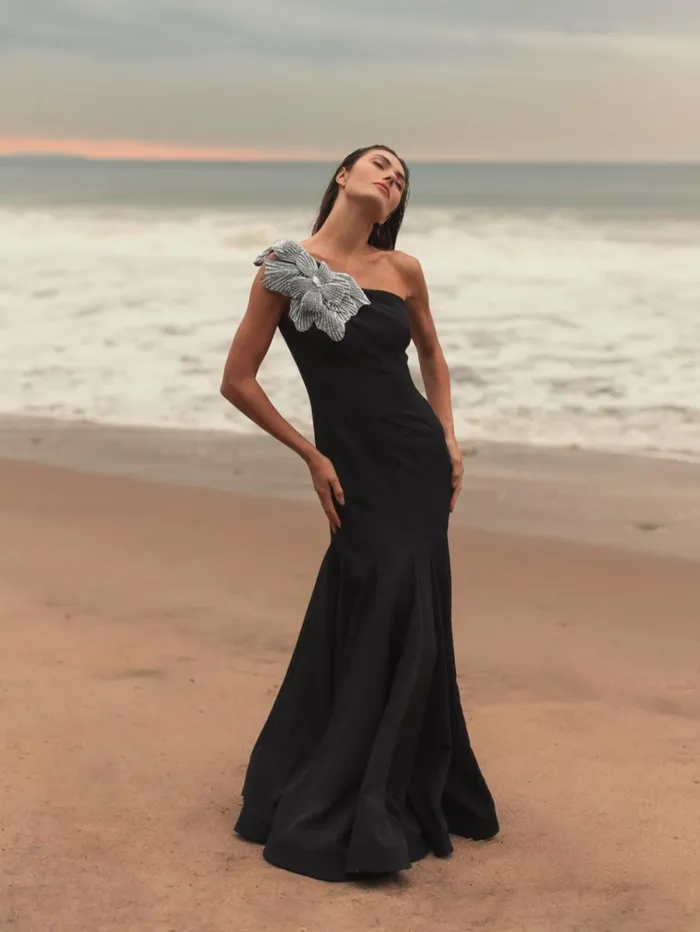Women Best Sellers Mac Duggal Black Crepe One Shoulder Gown With Flower Black