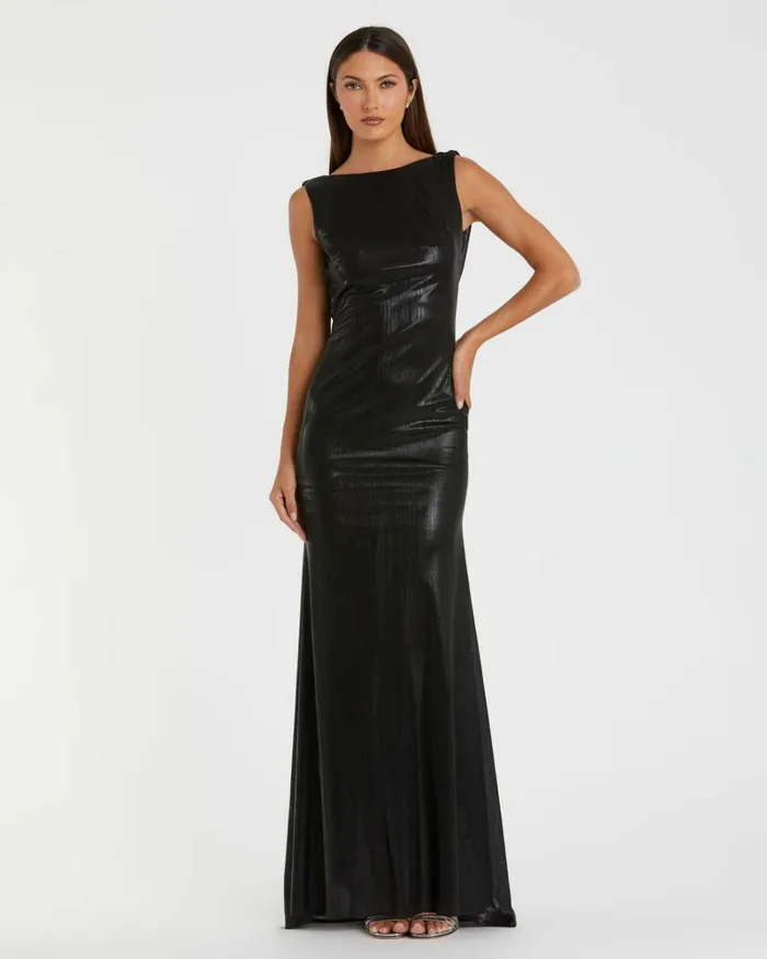 Women Best Sellers Mac Duggal Black Metallic Jersey Cowl Back Column Gown Black