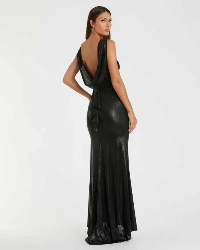 Women Best Sellers Mac Duggal Black Metallic Jersey Cowl Back Column Gown Black