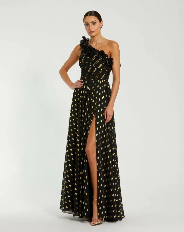 Women Best Sellers Mac Duggal One Shoulder Ruffle Chiffon Gown With Slit Black Gold