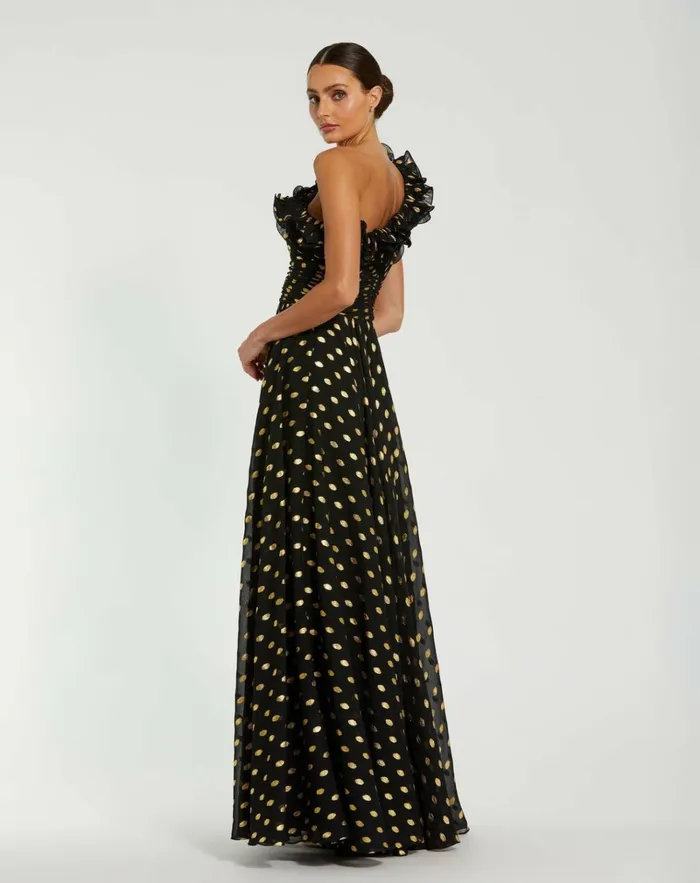 Women Best Sellers Mac Duggal One Shoulder Ruffle Chiffon Gown With Slit Black Gold