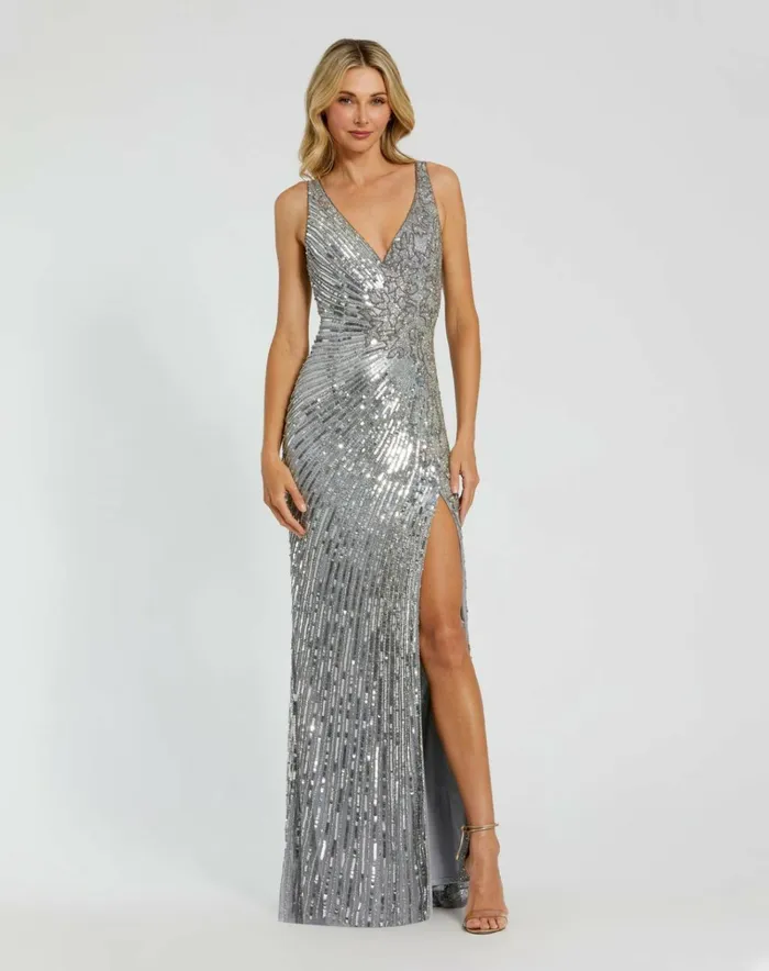 Women Best Sellers Mac Duggal Silver Beaded Floral Sleeveless Gown Silver
