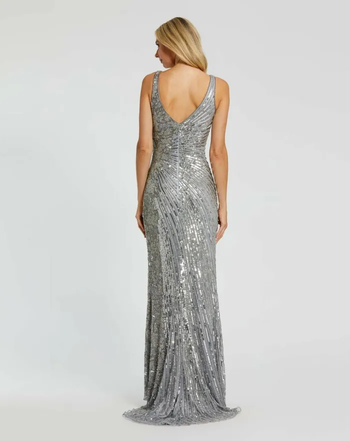 Women Best Sellers Mac Duggal Silver Beaded Floral Sleeveless Gown Silver