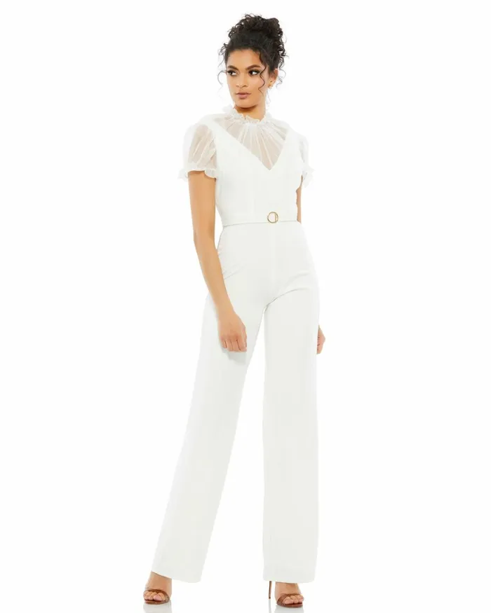 Women Best Sellers Mac Duggal White Belted Illusion High Neck Cap Sleeve Jumpsuit White Women Best Sellers Mac Duggal White Belted Illusion High Neck Cap Sleeve Jumpsuit White