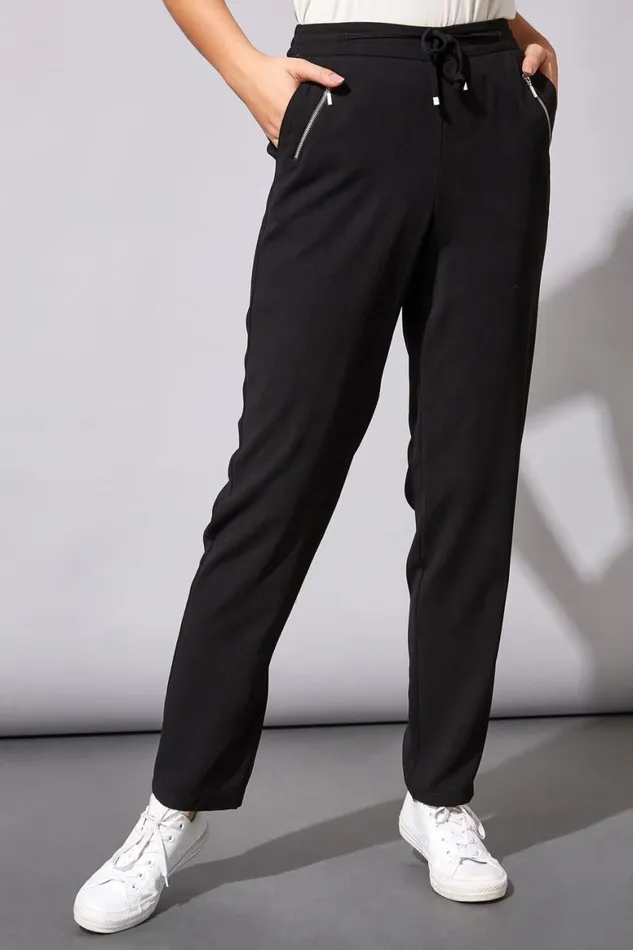 Women Black 29 Inch Elastic Waist Tie Front Jogger Roman Trousers