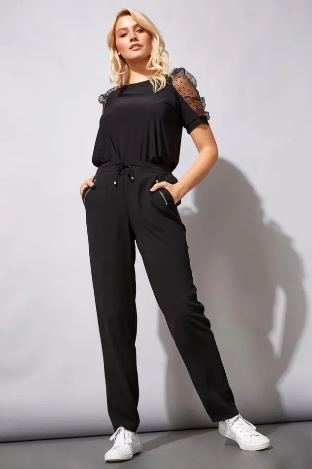 Women Black 29 Inch Elastic Waist Tie Front Jogger Roman Trousers