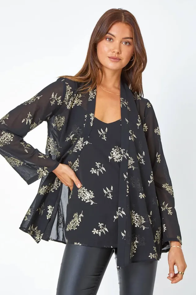 Women Black 34 Sleeve Metallic Floral Print Kimono Roman Tops