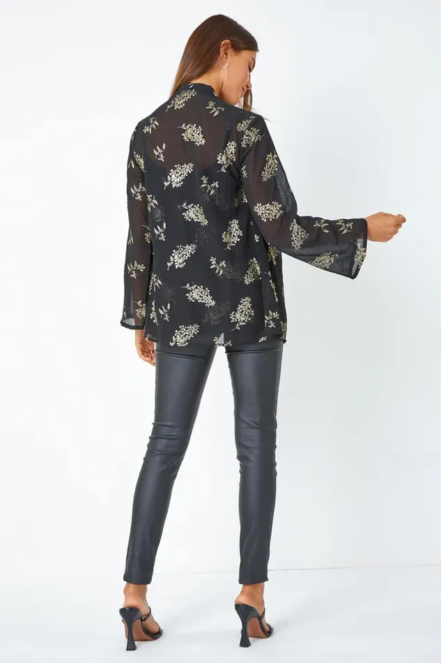 Women Black 34 Sleeve Metallic Floral Print Kimono Roman Tops