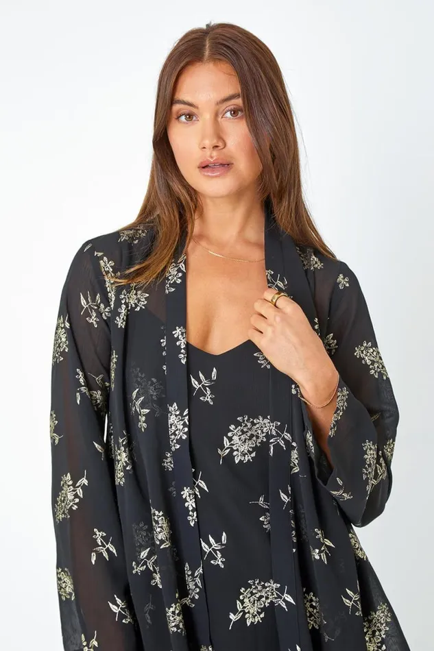 Women Black 34 Sleeve Metallic Floral Print Kimono Roman Tops