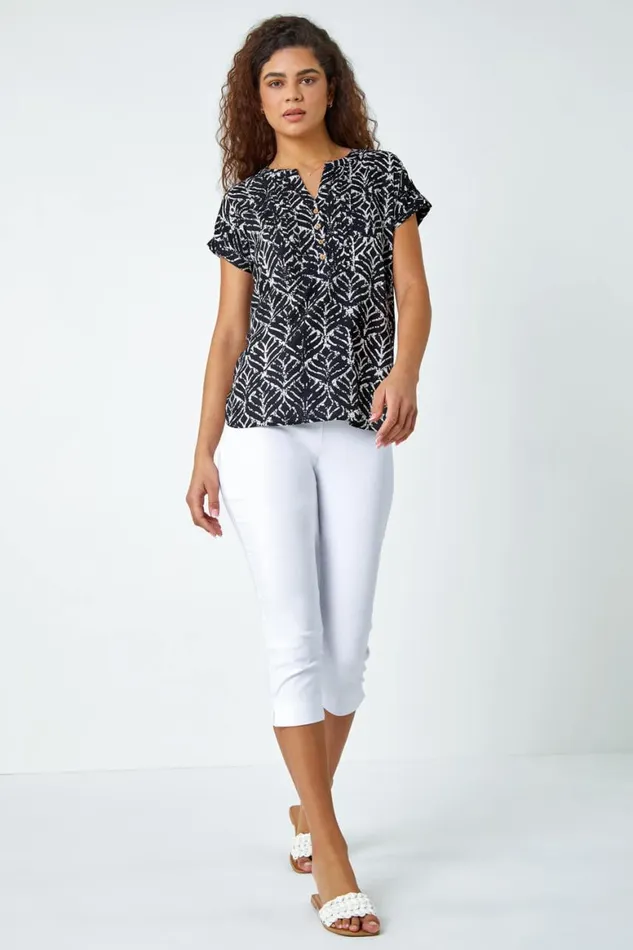 Women Black Abstract Print Button Detail Top Roman Tops