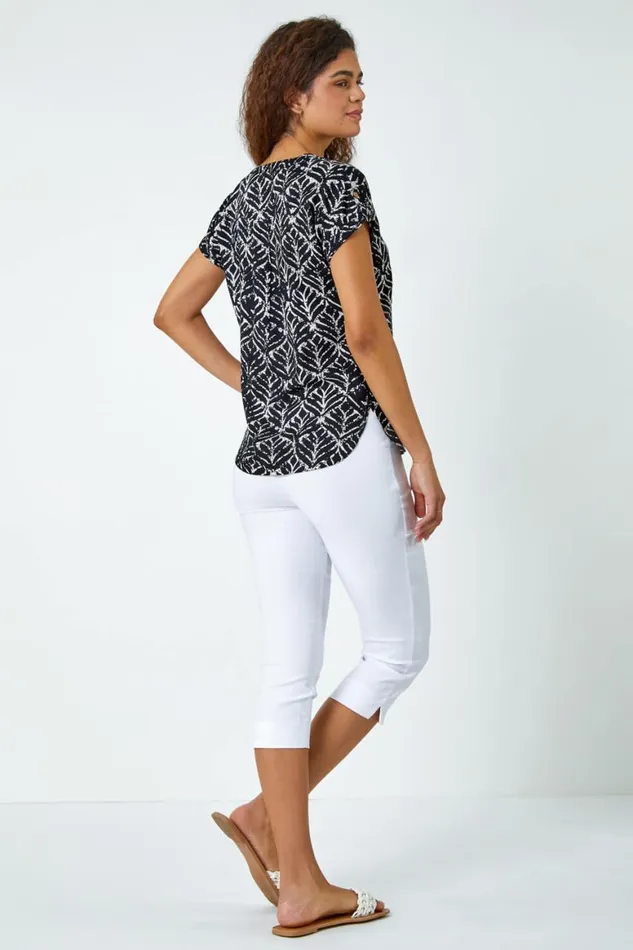 Women Black Abstract Print Button Detail Top Roman Tops