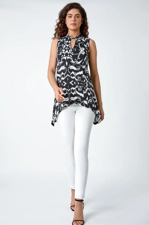 Women Black Abstract Print Hanky Hem Stretch Top Roman Tops