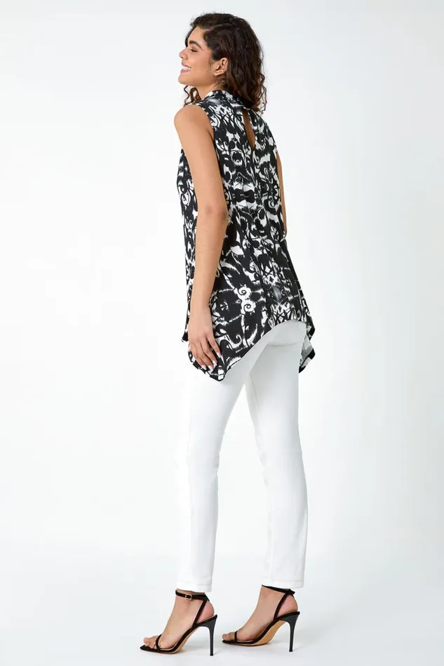 Women Black Abstract Print Hanky Hem Stretch Top Roman Tops