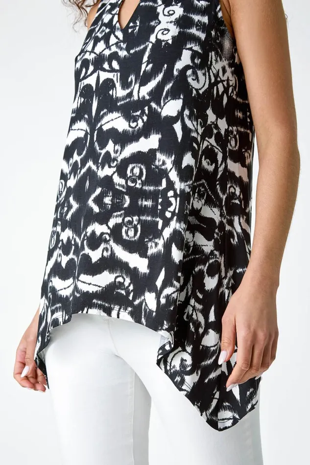 Women Black Abstract Print Hanky Hem Stretch Top Roman Tops