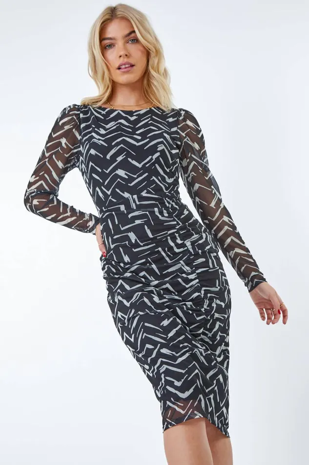 Women Black Abstract Ruched Side Midi Dress Roman Dresses