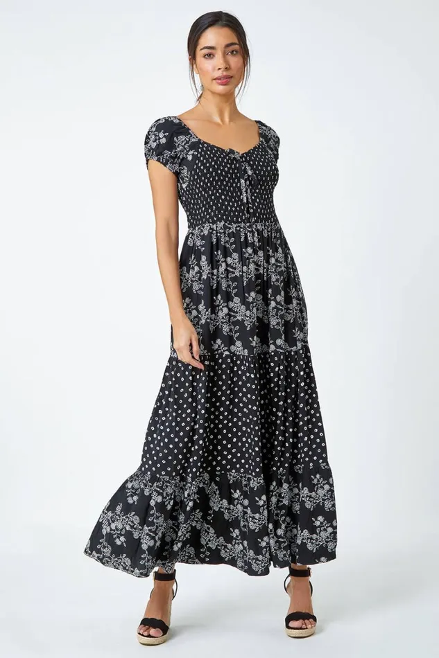 Women Black Abstract Tie Detail Tiered Maxi Dress Roman Dresses