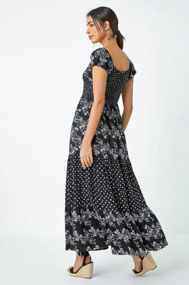 Women Black Abstract Tie Detail Tiered Maxi Dress Roman Dresses