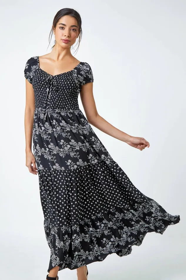 Women Black Abstract Tie Detail Tiered Maxi Dress Roman Dresses