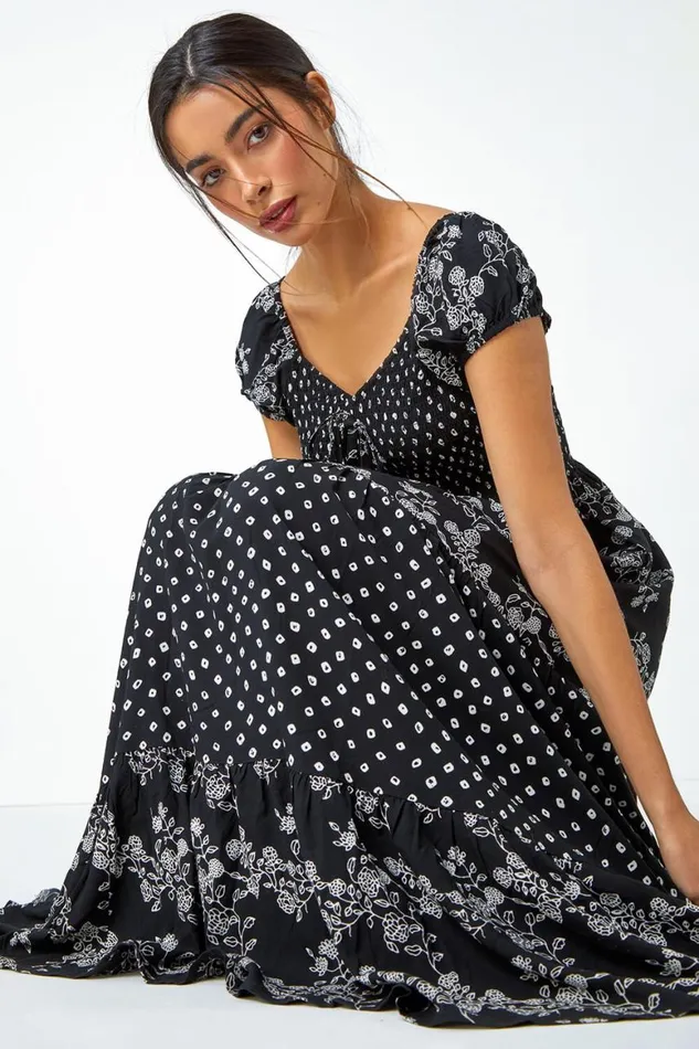 Women Black Abstract Tie Detail Tiered Maxi Dress Roman Dresses