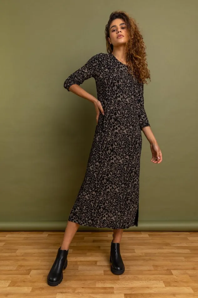Women Black Animal Print Jersey Midi Dress Roman Dresses