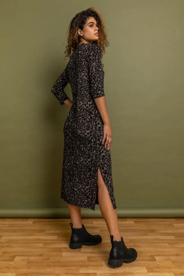 Women Black Animal Print Jersey Midi Dress Roman Dresses