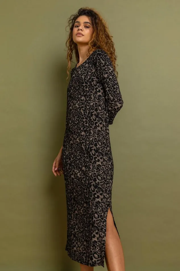Women Black Animal Print Jersey Midi Dress Roman Dresses