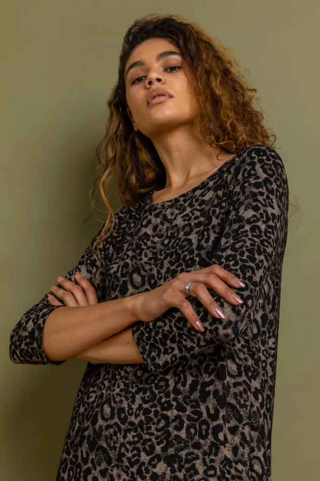 Women Black Animal Print Jersey Midi Dress Roman Dresses