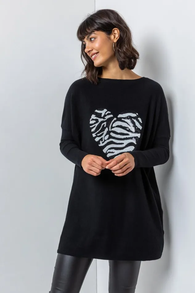 Women Black Animal Sequin Heart Long Jumper Roman Tops