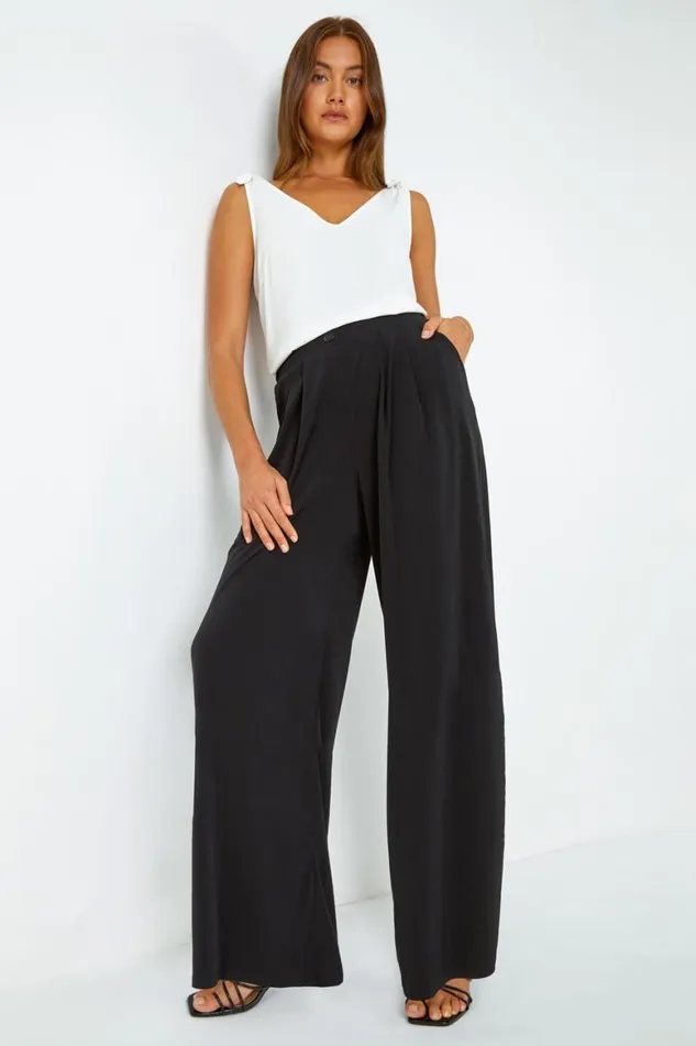 Women Black Button Detail Wide Leg Stretch Trousers Roman Trousers
