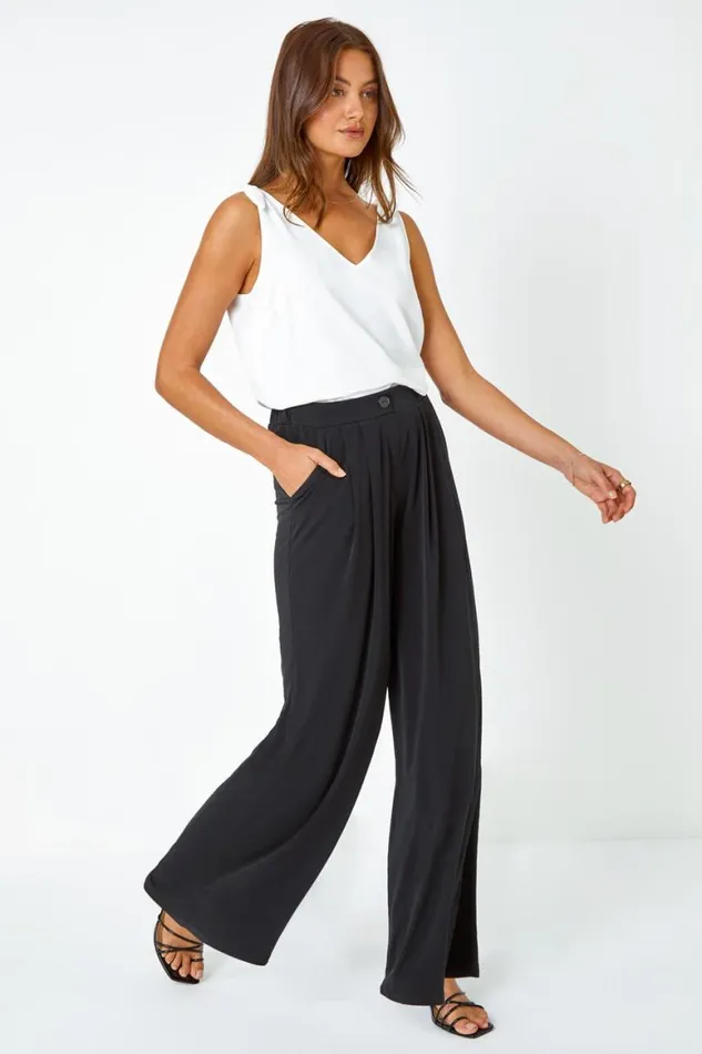 Women Black Button Detail Wide Leg Stretch Trousers Roman Trousers