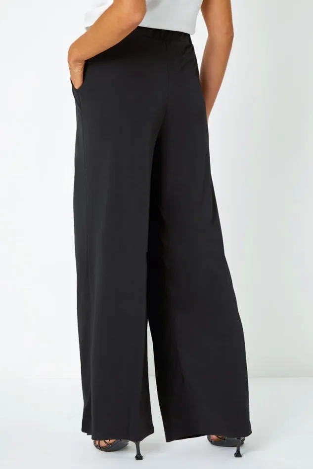 Women Black Button Detail Wide Leg Stretch Trousers Roman Trousers