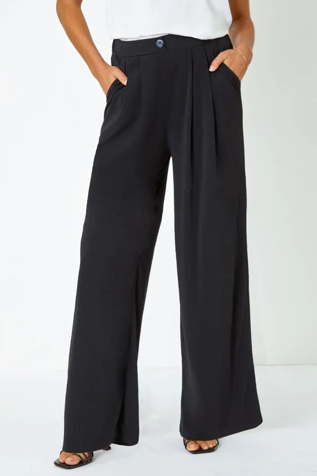 Women Black Button Detail Wide Leg Stretch Trousers Roman Trousers